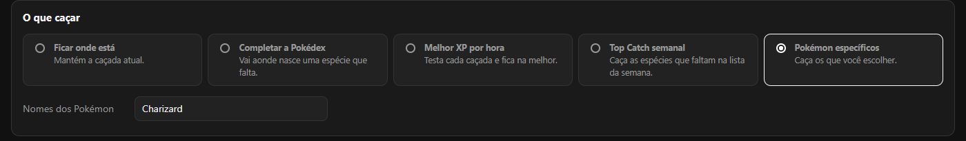 Opções de caça na aba Configurações do bot